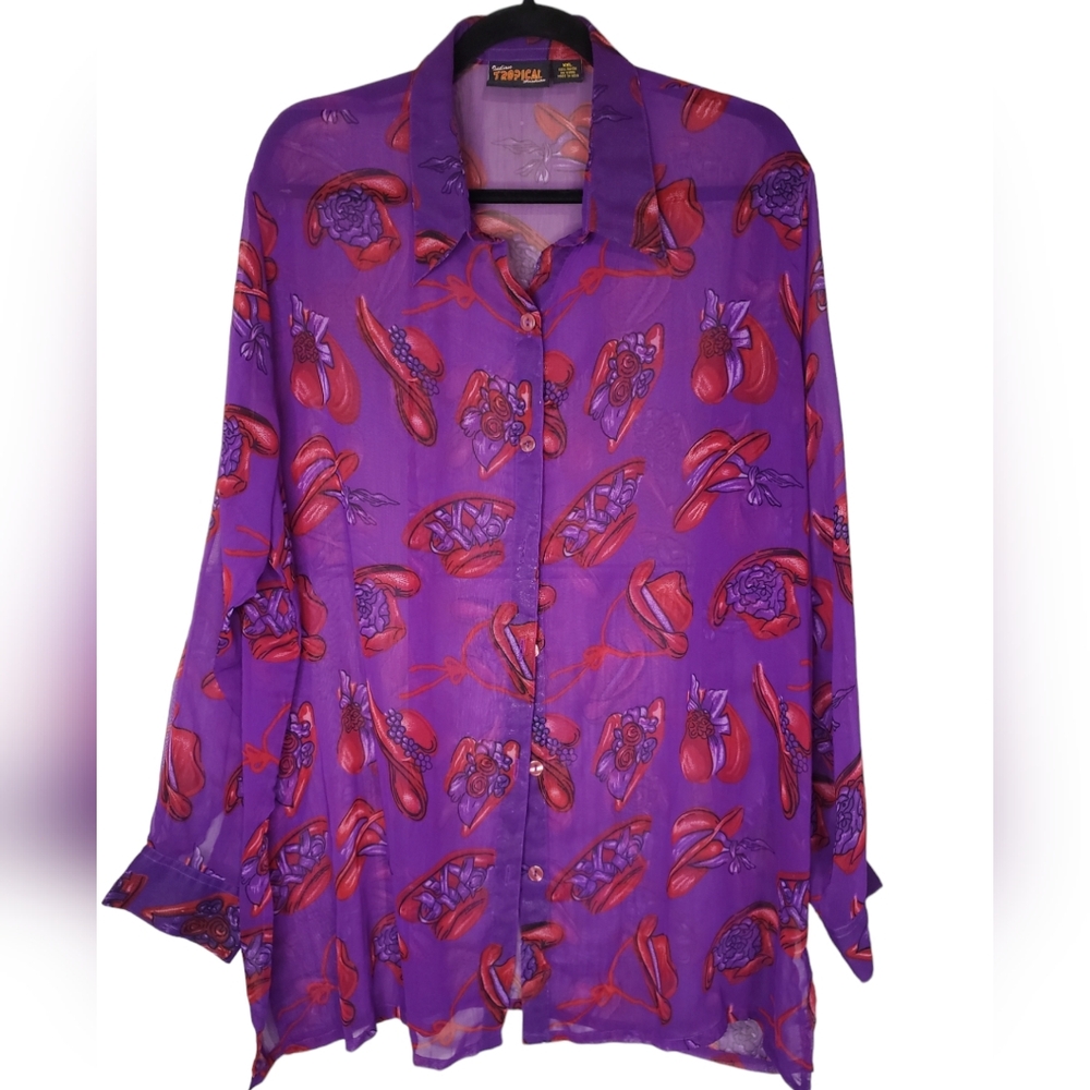 Indian Tropical Fashion Womens Red Purple Button Down Sheer Blouse Size XXL